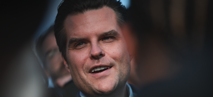 U.S. Rep. Matt Gaetz (R-FL) answers questions outside the U.S. Capitol after successfully leading a vote to remove Rep. Kevin McCarthy from the office of Speaker of the House, Oct. 3, 2023 in Washington, D.C. 