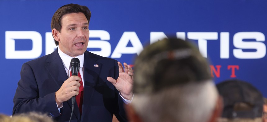 DeSantis speaks to guests during a campaign event at Refuge City Church, Oct. 8, 2023, in Cedar Rapids, Iowa. DeSantis said Israel can and should defend themselves against the "Hamas terrorists" during the event.