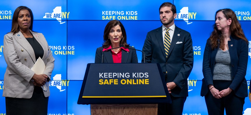 Gov. Kathy Hochul, state Attorney General Letitia James, state Sen. Andrew Gounardes and Assembly Member Nily Rozic announced two bills related to minors' social media usage during a press conference on Oct. 11, 2023.